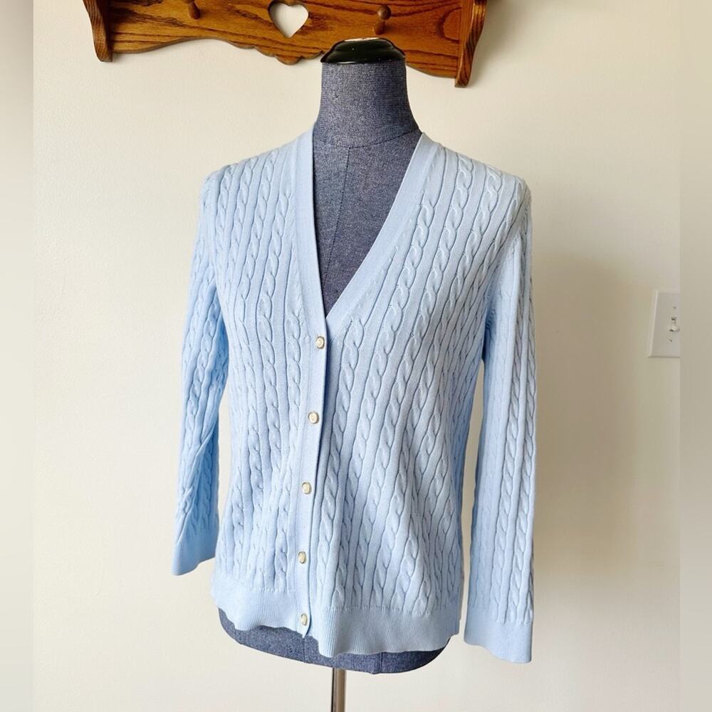 Lands' End Sky Blue Cable Knit Cardigan Preppy Old Money Classic Heritage Large